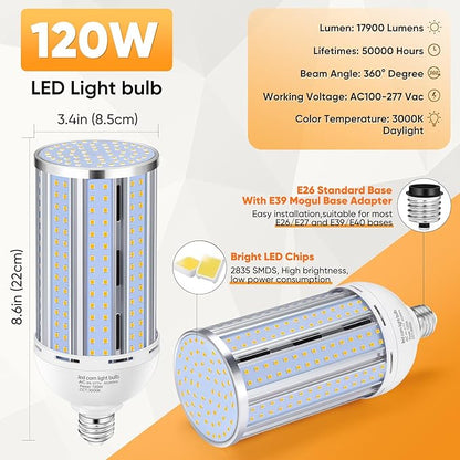 2 Pack 120W Corn LED Light Bulb Fanless,3000K/Warm White(1200 Watt Equivalent) E26/E39 Large Mogul Base LED Cob Lamp 15,800LM for Outdoor Indoor Garage Warehouse Factory Workshop Street Backyard