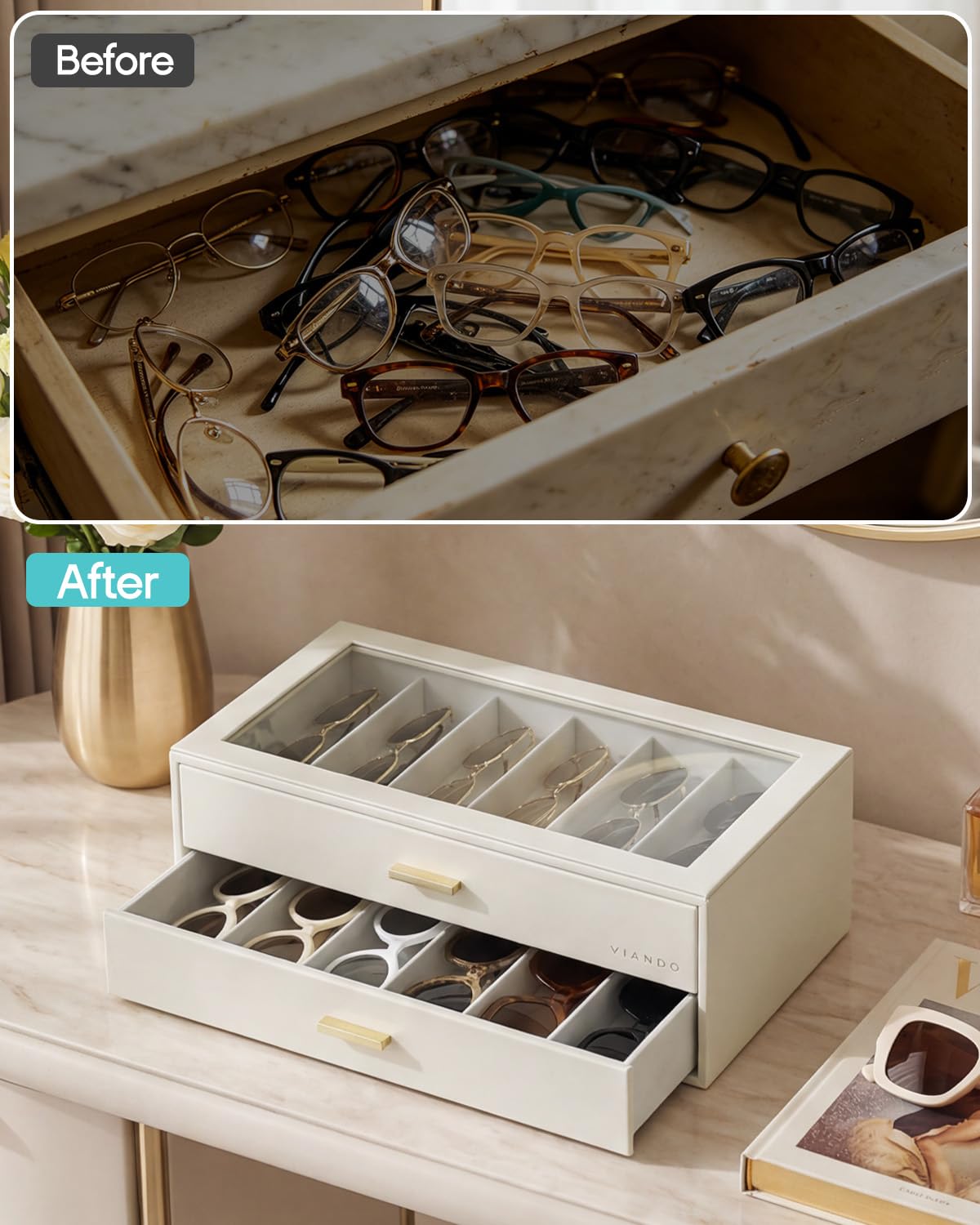 VLANDO 12-Grid Sunglasses Organizer Case, Large Capacity Eyeglass Storage Box with Clear Top Lid & 2 Drawers, PU Leather Sunglass Holder for Women Men, Ideal Gift for Eyewear Lovers - Beige