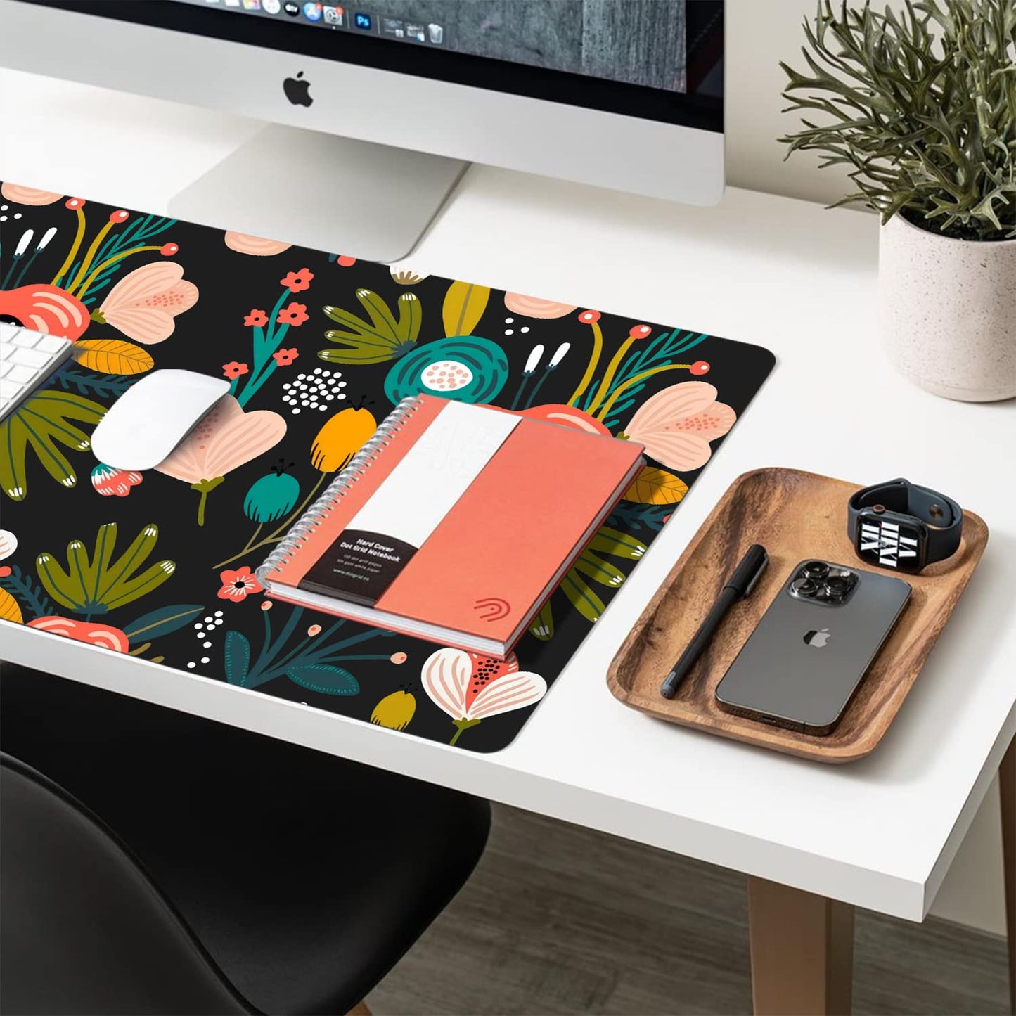 Desk Mat Large Protector Pad 31.5" ×15.7", Non-Slip PU Leather Desk Blotter, Waterproof Mouse Pad for Office Home Black Floral