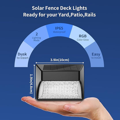 Solar Powered Fence Deck Lights Outdoor Waterproof Led IP65 RGB Color Changing/Warm White Auto On/Off Solar Step Lights for Outside Stair Garden Yard Wall Patio (2 Pack, Black)