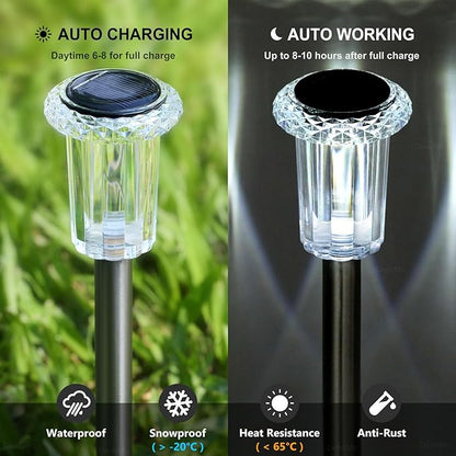 DenicMic Solar Lights Outdoor 10 Pack Waterproof 6000K Cold White LED Stainless Steel Stake for Pathway Yard Garden Driveway Solar Powered Outside Christmas Decor