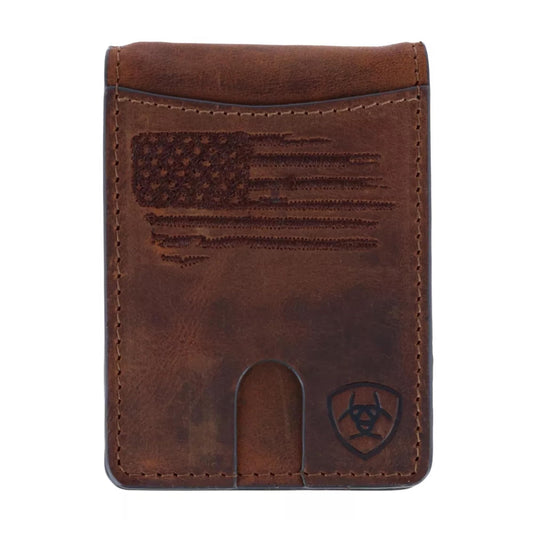 ARIAT Men's Wallet, Brown Genuine Leather, Money Clip Style, Distressed USA Flag, Shield Logo, Card Slots, ID Window