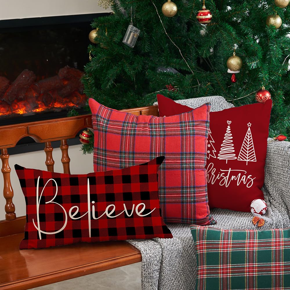 DFXSZ Christmas Throw Pillow Covers 12x20 Inch Set of 2 Merry Christmas Farmhouse Decorations Believe Holiday Decor Throw Cushion Case for Home Couch