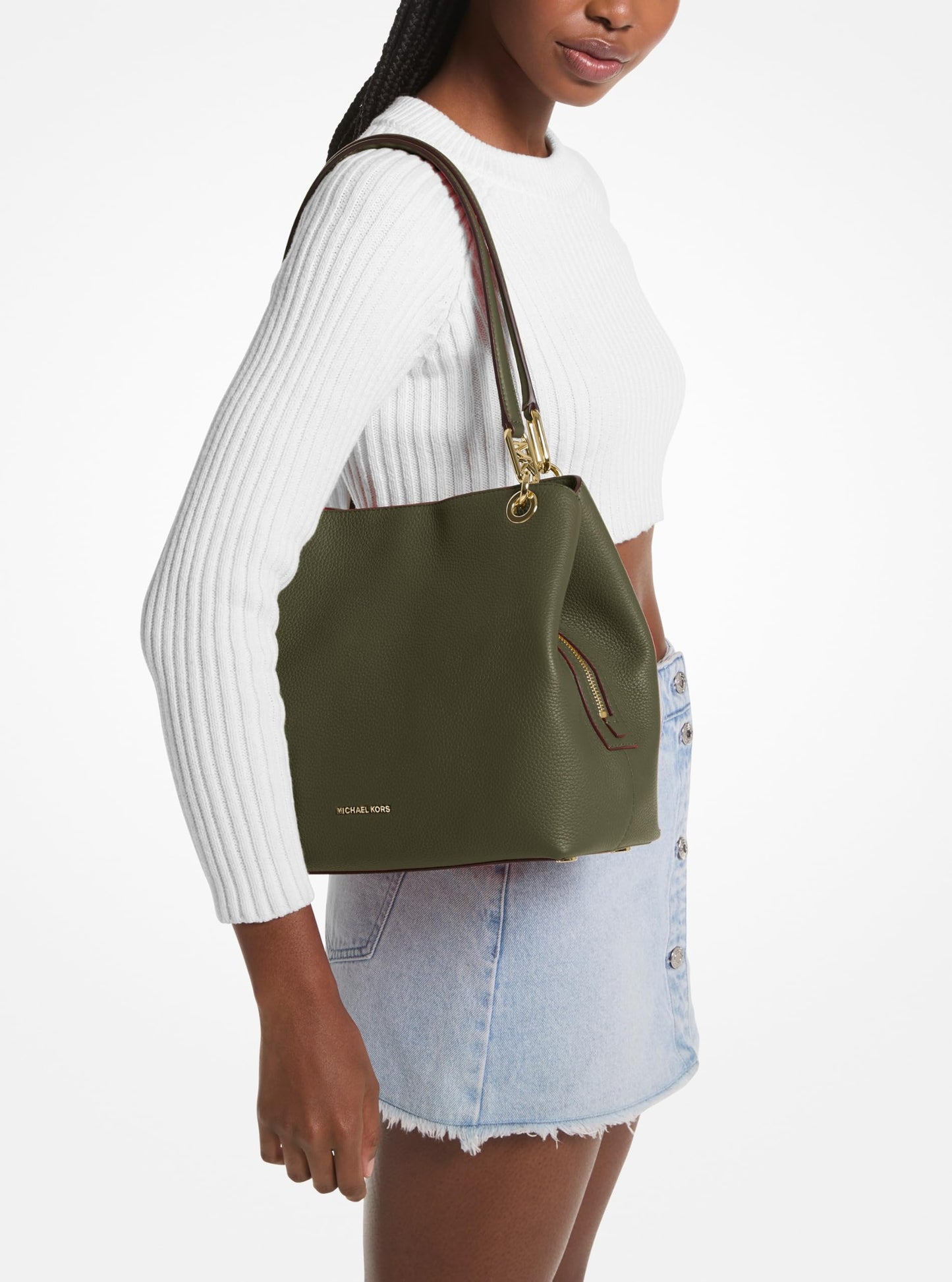 Michael Kors Kensington Large Shoulder Bag Tote Bag, Gold-Tone Hardware/Pebble Leather/Ivy