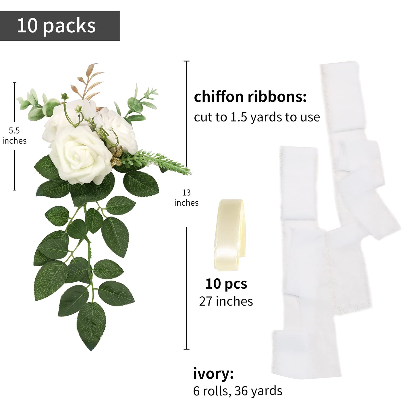 DreamBuilt Wedding Aisle Decorations for Wedding Ceremony Set of 10 Pew Flowers for Church Chair Decorations Party Decor with Artificial Flowers Eucalyptus and Ribbons White