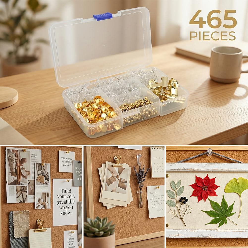 465 Pcs Gold Push Pins Set, 5 in 1 Thumb Tacks with Clips and Hooks for Cork Board, Multi‑Use Decorative Pushpins in Storage Box for Bulletin Board, Maps, Photos and Home Office