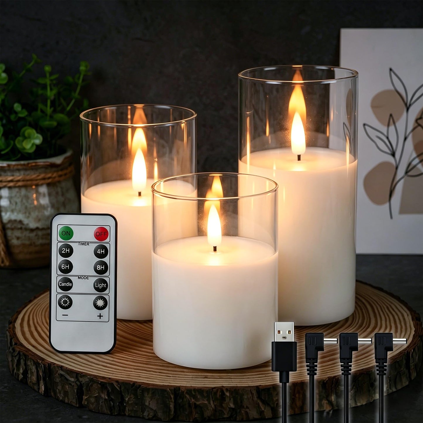 GenSwin Rechargeable Flameless Candles with Remote Timer, Clear LED Battery Operated Candles with Flickering Flame, Glass and Real Wax Pillar Candle Holiday Home Decor(Set of 3, D3”xH4”5”6”)