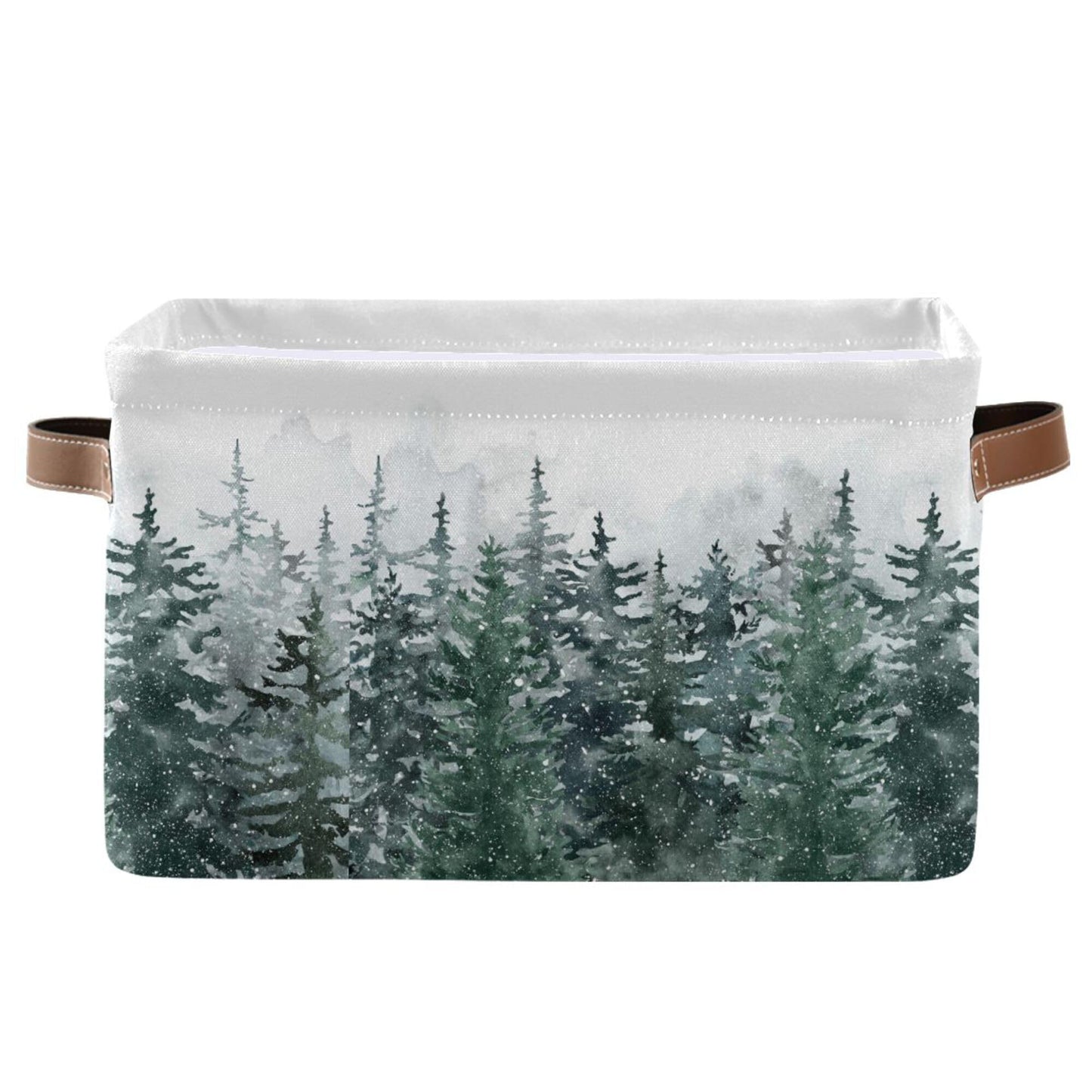 Winter Pine Forest Tree Storage Basket with Waterproof Liner and PU Handles Christmas Snow Scene Storage Bins Boxes 14.2" Collapsible Decorative Organizer Baskets for Bedroom Closet Office 1 Pack
