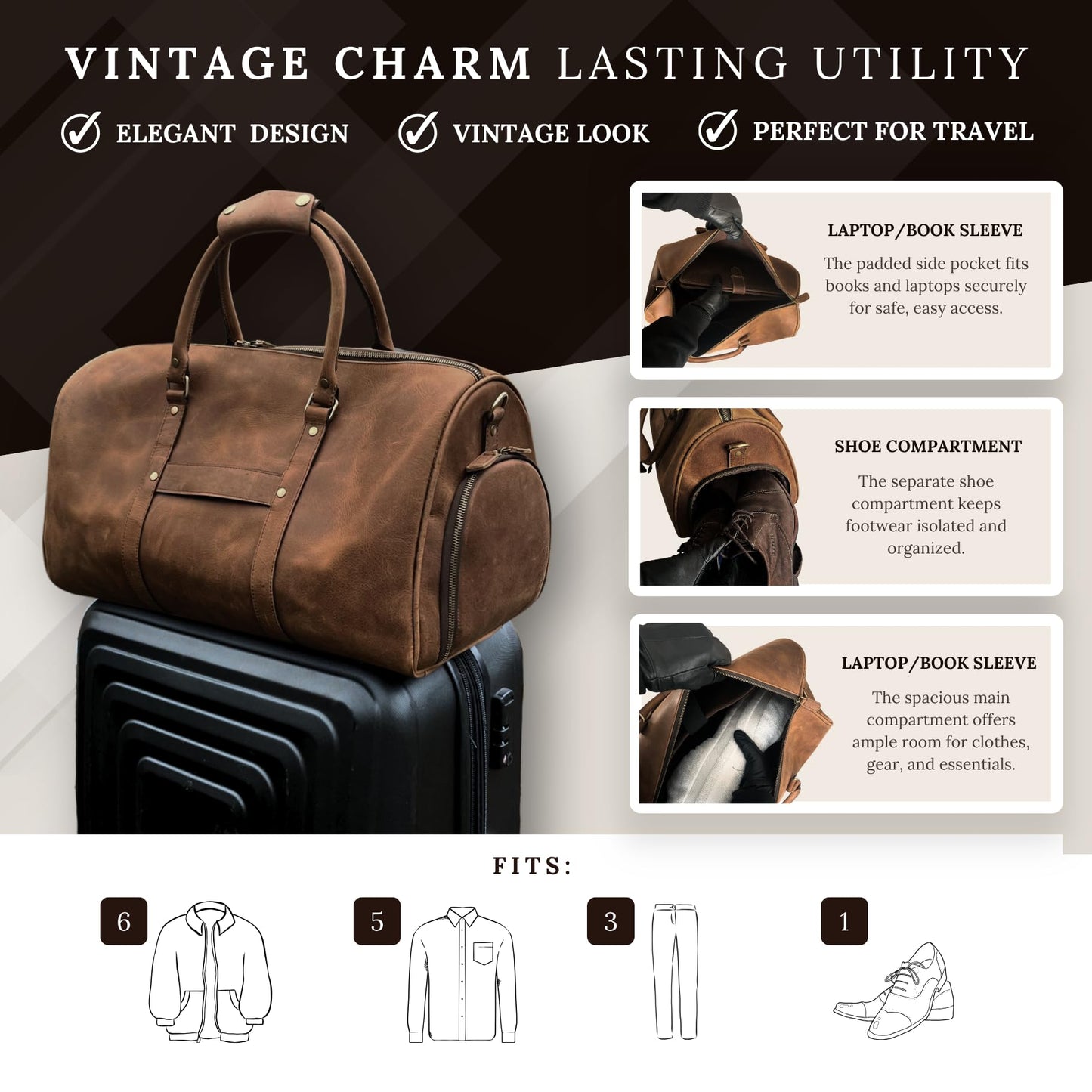 MUSKIE Leather Duffel Bags for Men & Women, 21 Inch Full-Grain Buffalo Leather Distressed Travel Bag with Shoe Compartment & Shoulder Strap