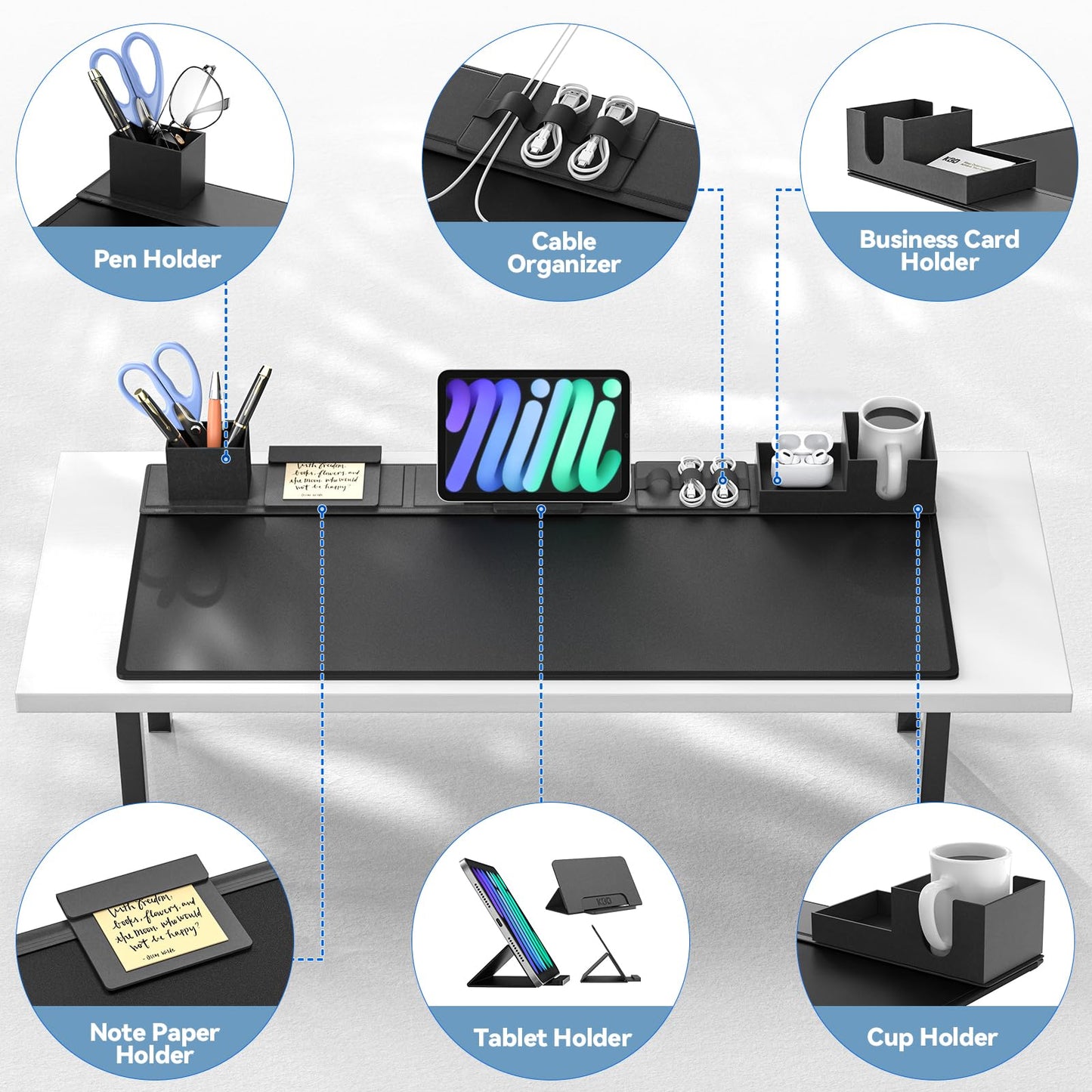 KDD Desk Pad Mat Set, 6 in 1 Mouse Mat with Magnetic Desktop Storage Accessories DIY Feature for Phone and Tablet Stand/Cup Holder/Pen Card Holder/Cable Management for Home Office Accessories