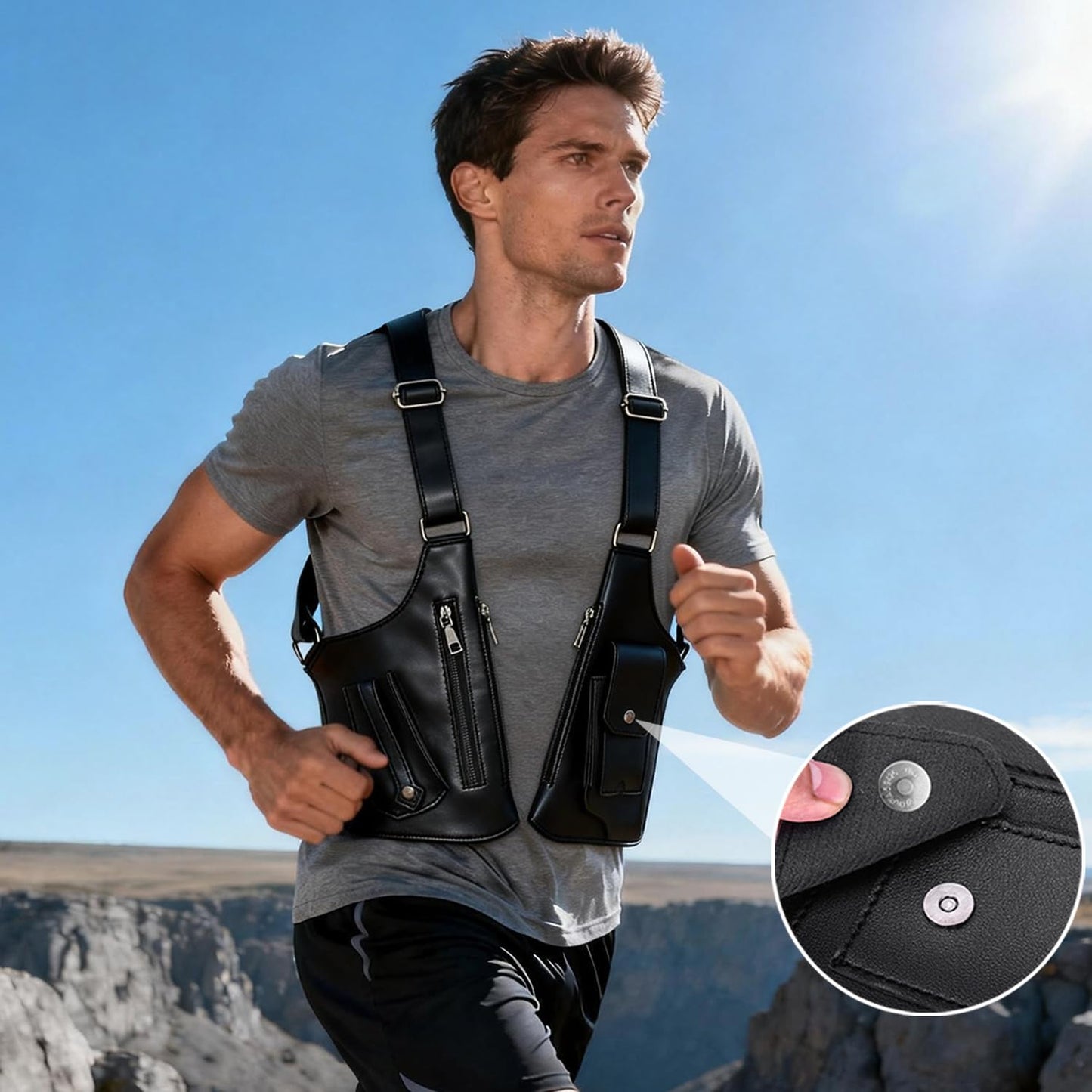 BELLPO Double Shoulder Armpit Bag for Men, Leather Shoulder Bag - Anti-Theft Underarm Wallet & Phone Pouch with Adjustable Strap, Hidden Chest Bag for Travel & Outdoor (Black)