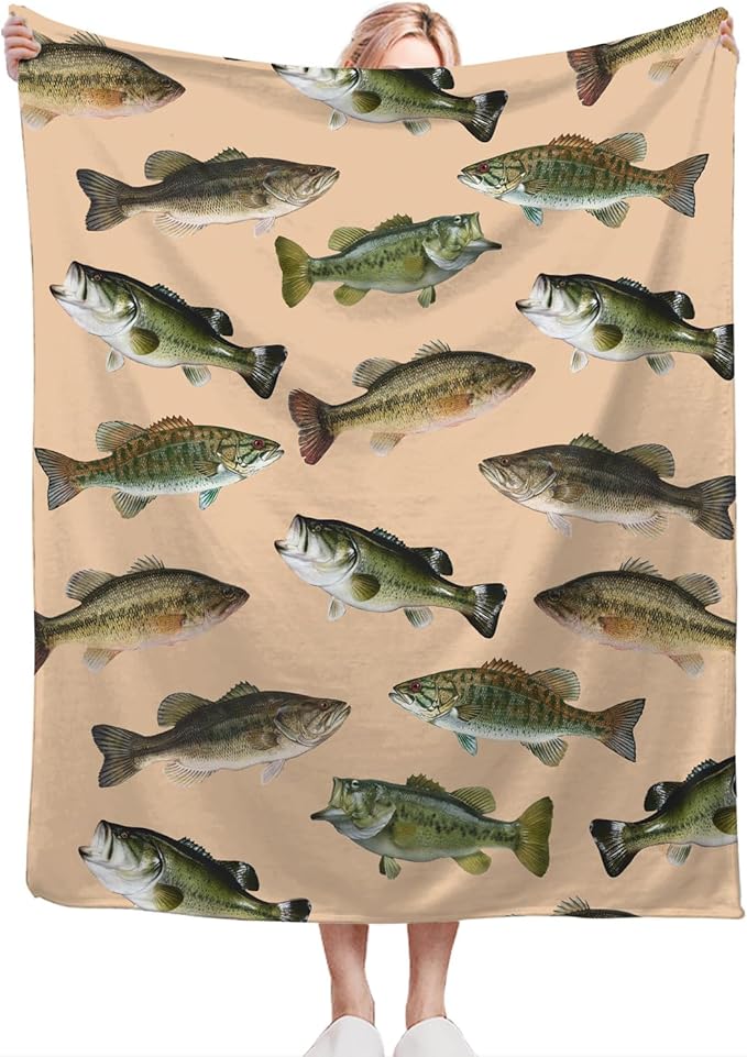 Fish Bass Blanket Decor Gifts for Fishing Lovers Flannel Fleece Fuzzy Throw Blanket Soft Warm Cozy Plush Ocean Animal Blanket for Bed Couch Living Room Stuffed Decoration for Kids Adult Man 60"x50"