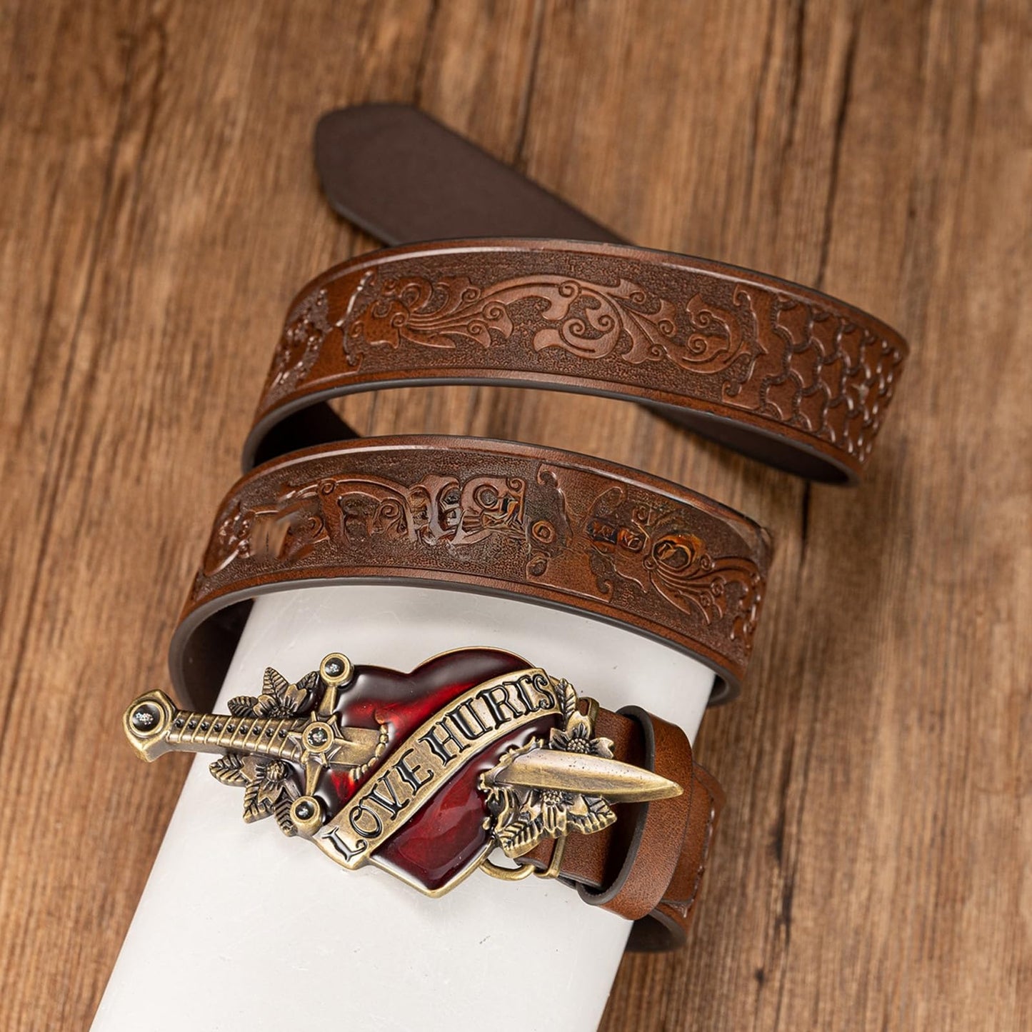 FAYZSOWSR Antique Belt, Western Cowboy PU Leather Belts with Heart and Sword Carved Buckle Retro Embossed Belt for Jeans (Black)