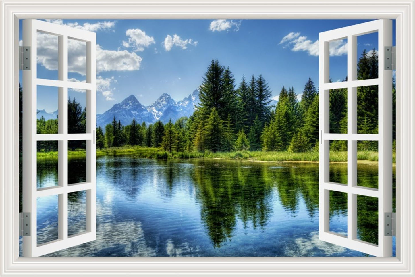 Removable 3D Window View Wall Decals, Nature Mountain Forest Lake Scenery Vinyl Sticker Peel & Stick Wall Decor Stickers for Living Room Bedroom Dorm Bathroom Wallpaper - Christmas Gifts - 32"x48"