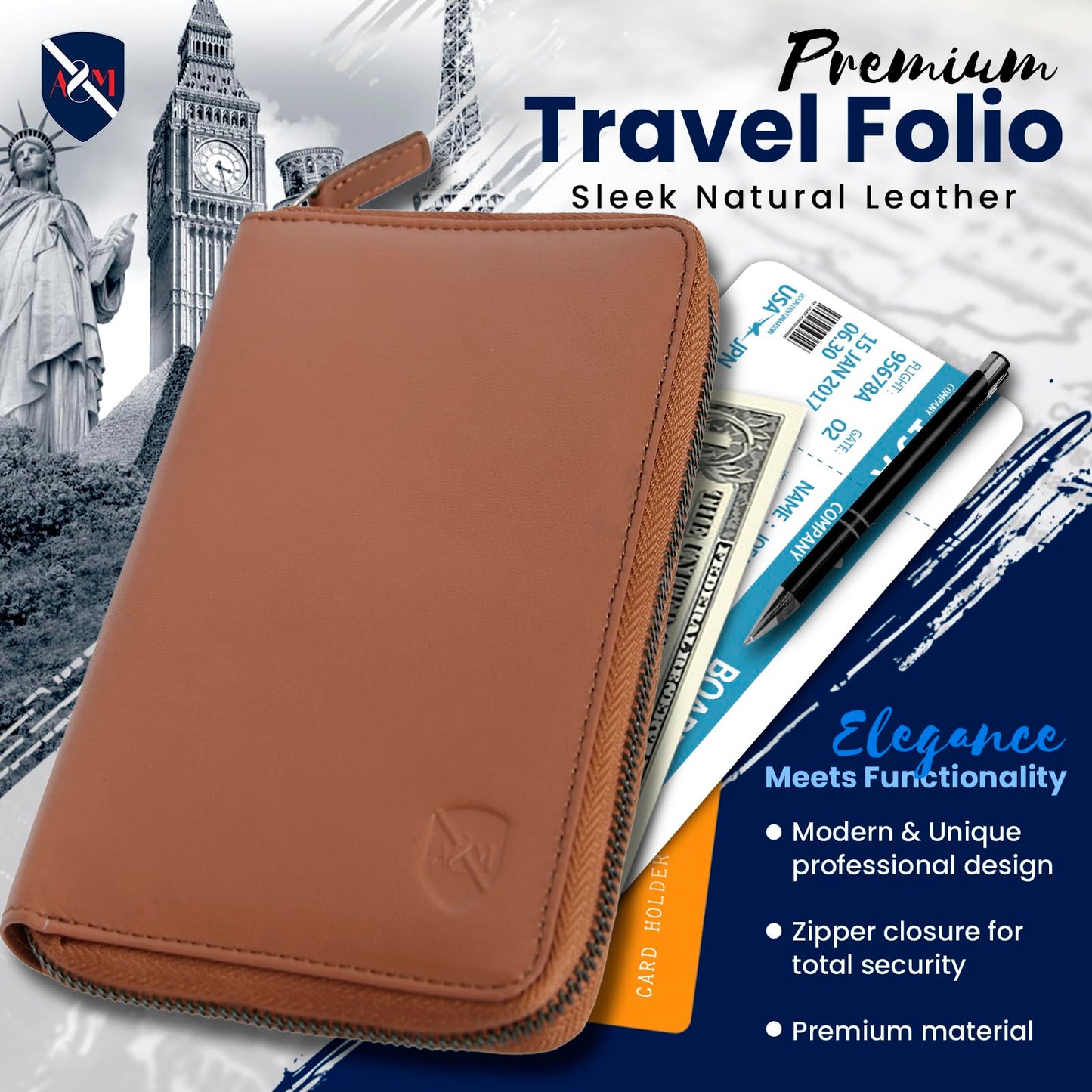 ALLEN & MATE 100% Leather Passport Holder for Travel RFID Blocking Passport Wallet for Men & Women - Zippered Compact Travel Document Organizer Fits Cash, Cards, SIM, ID and Tickets
