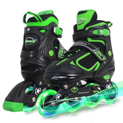 MammyGol Adjustable Inline Skates for Boys Girls Kids Youth with Light up Wheels, Green Beginner Blades Roller Skates for Boys Size 5 6 7 8 Ages 6-12