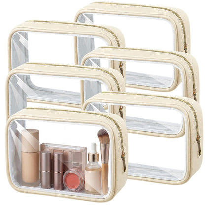Abbylike 6 Pcs Clear Makeup Bags Bulk PU Leather Cosmetic Pouches Transparent Toiletry Bags with Zipper Waterproof Purse Skincare Car Organizer for Girl Women Travel Gifts(Beige)