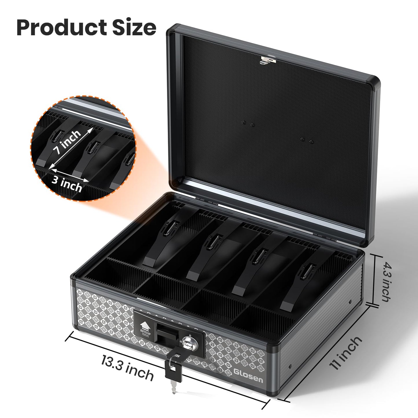 Glosen Cash Box with Lock, Money Box with Key Lock & Removable Coin Tray 13.5 * 4.31 * 11.4inch (Black, Large)