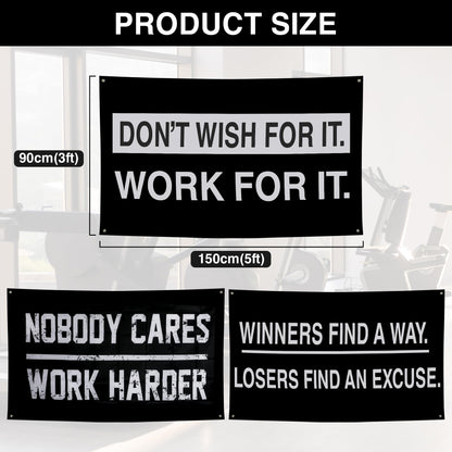 Nobody Cares Work Harder Motivational Banners Kit Three Different Incentive Flags for Gym Office Garage Decor Indoor/Outdoor Poster Style Banner with 4 Grommets - Heavy-Duty 13oz Vinyl(3 x 5 FT)