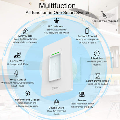 Milfra Smart Light Switch-Smart WiFi Switch 2.4Ghz Compatible with Alexa, Google Assistant,Remote Control/Voice Control and Schedule, Neutral Wire Required, Single-Pole, No Hub Required (4 Pack)