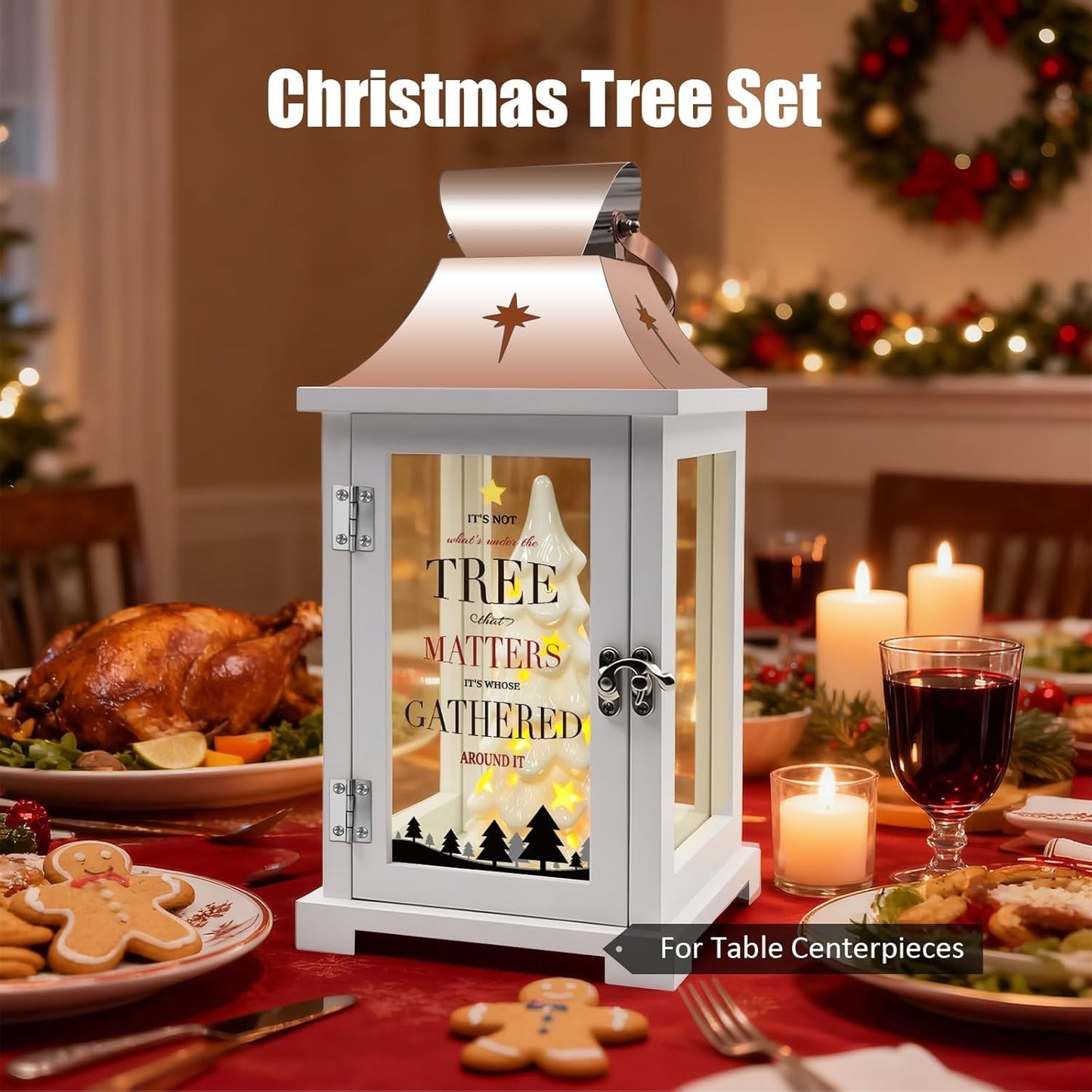 ResWRLD Ceramic Christmas Tree That Light up for Table Centerpieces, 15.1" Tall Lantern Indoor Party Decor, Hanging Candle Lantern for Home, Holidays Tabletop Décor Gift, Xmas Tree Figurine