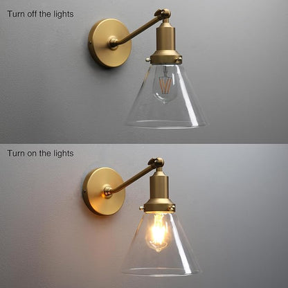 PERMO Industrial Vintage Slope Pole Wall Mount Single Sconce with Funnel Flared Clear Glass Shade Wall Sconce Light Lamp Fixture Hardwired (Antique Gold)
