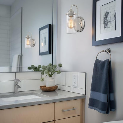 Kira Home Rayne 10" Modern Farmhouse Wall Sconce, Gooseneck Bathroom Light, Seeded Glass Shade + Brushed Nickel Finish