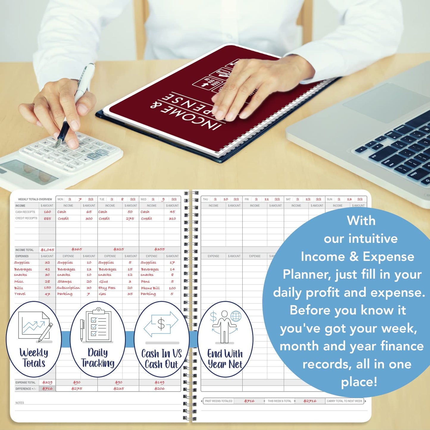 BookFactory Income and Expense Log Book/Tracker/Small Business Ledger Book/Accounting & Bookkeeping Ledger Log Book/LogBook 108 Pages - 8.5'' x 11'' Wire-O (Made in USA)