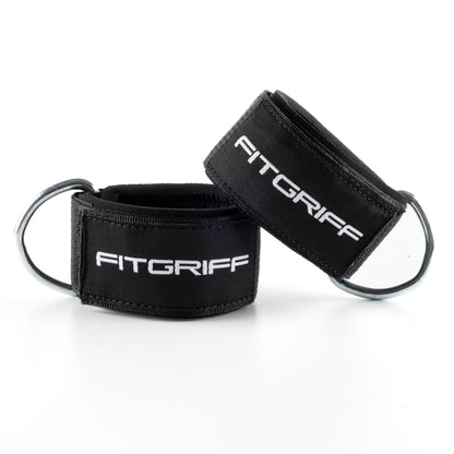 Fitgriff® Ankle Straps V2 for Cable Machine (2 Pieces) - Gym Workout Equipment - Leg Pulley Attachment, Kickback Straps (Black)