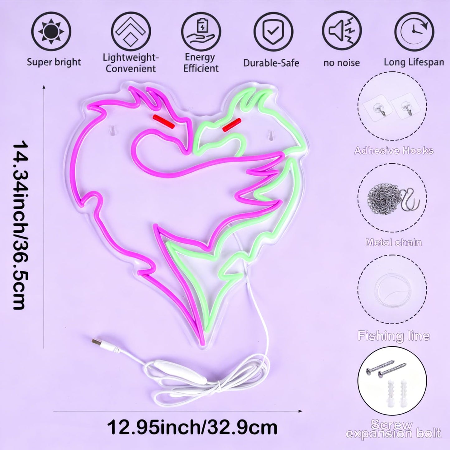 Mvorixa Dragon Neon Sign – Dimmable Purple & Green LED Dragons Embrace Lights, Cool Neon Wall Light for Gaming Room, Bar, Man Cave & Fantasy Bedroom Decor (12.95×14.37 in)