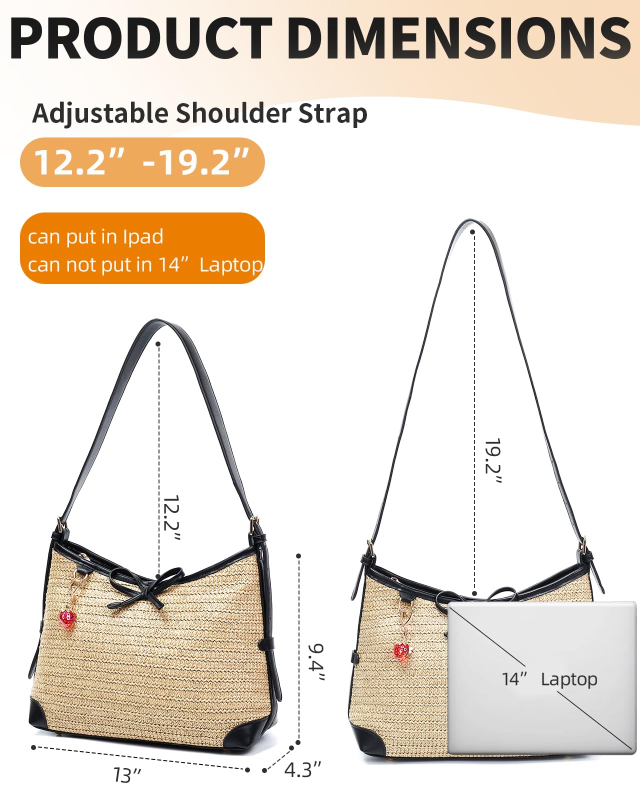 Herald Straw Woven Purse for Women, Summer Beach Hobo Raffia Crossbody Bag Shoulder Handbag Tote with Adjustable Strap (Black)
