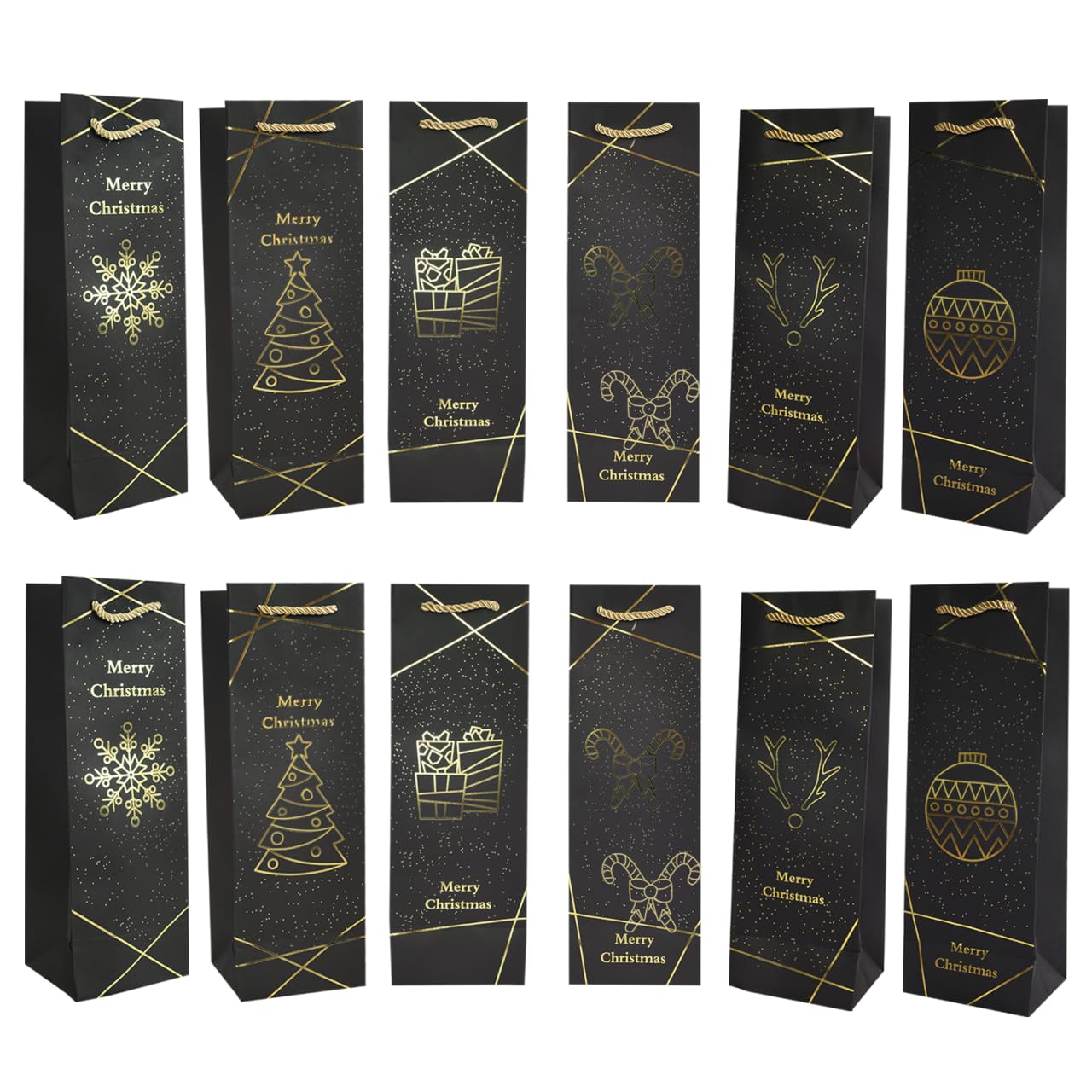 Uptotop Christmas Bottle Bags, 12 Pack Gold Foil Christmas Wine Gift Bags, Xmas Kraft Paper Bags with Rope Handles for Holiday Party Gift Giving