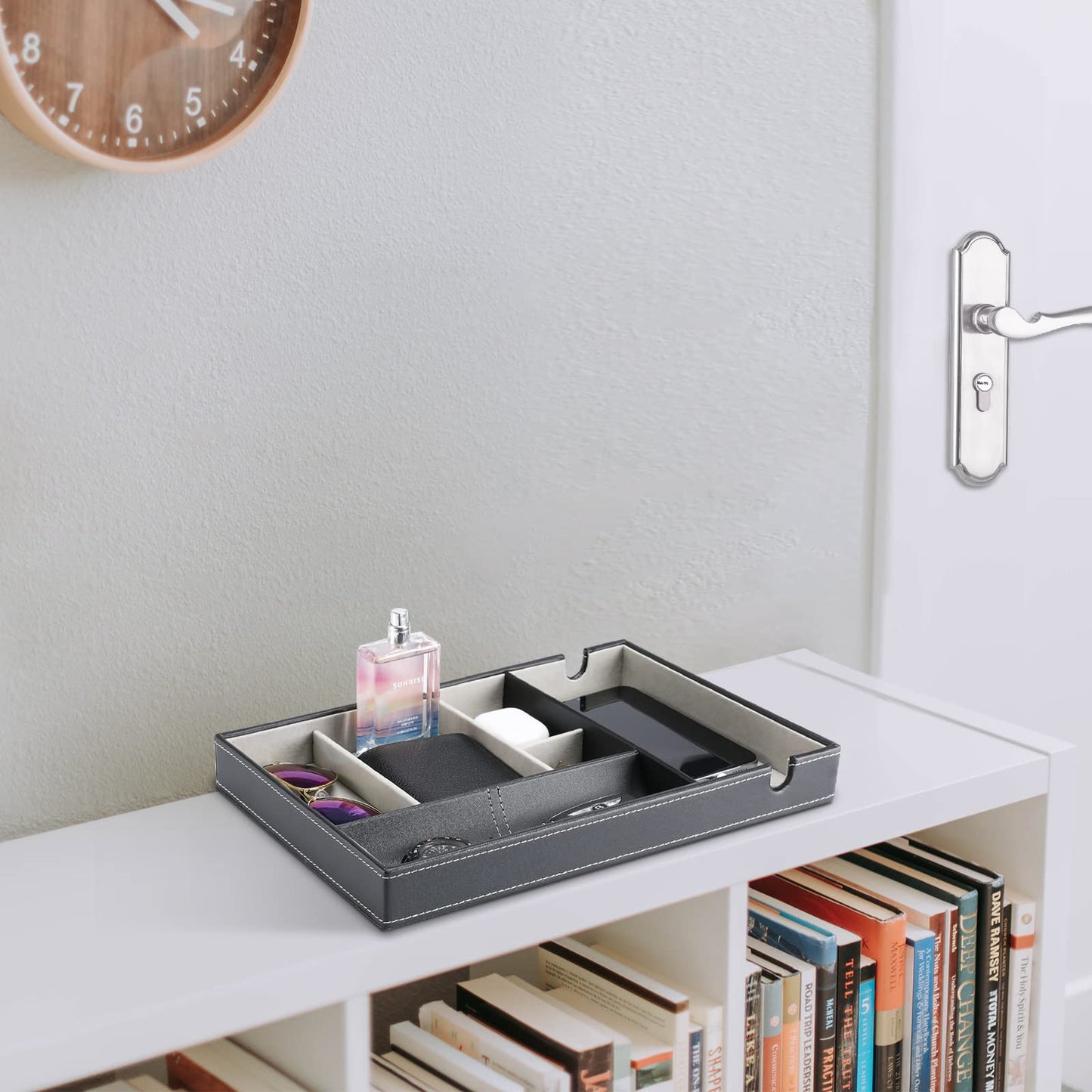 ProCase 1 Layer Valet Tray for Men, PU Leather Nightstand Organizer with Charging Slot for Bedside Table Desk Top -Black