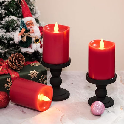 3-Pack 3x4 inch Flameless Candles: Realistic Flameless LED, Battery-Powered Pillar Candles with Remote & Timer, Fake Candles for Fall Decor, (Red, 3"*4"-3pcs)