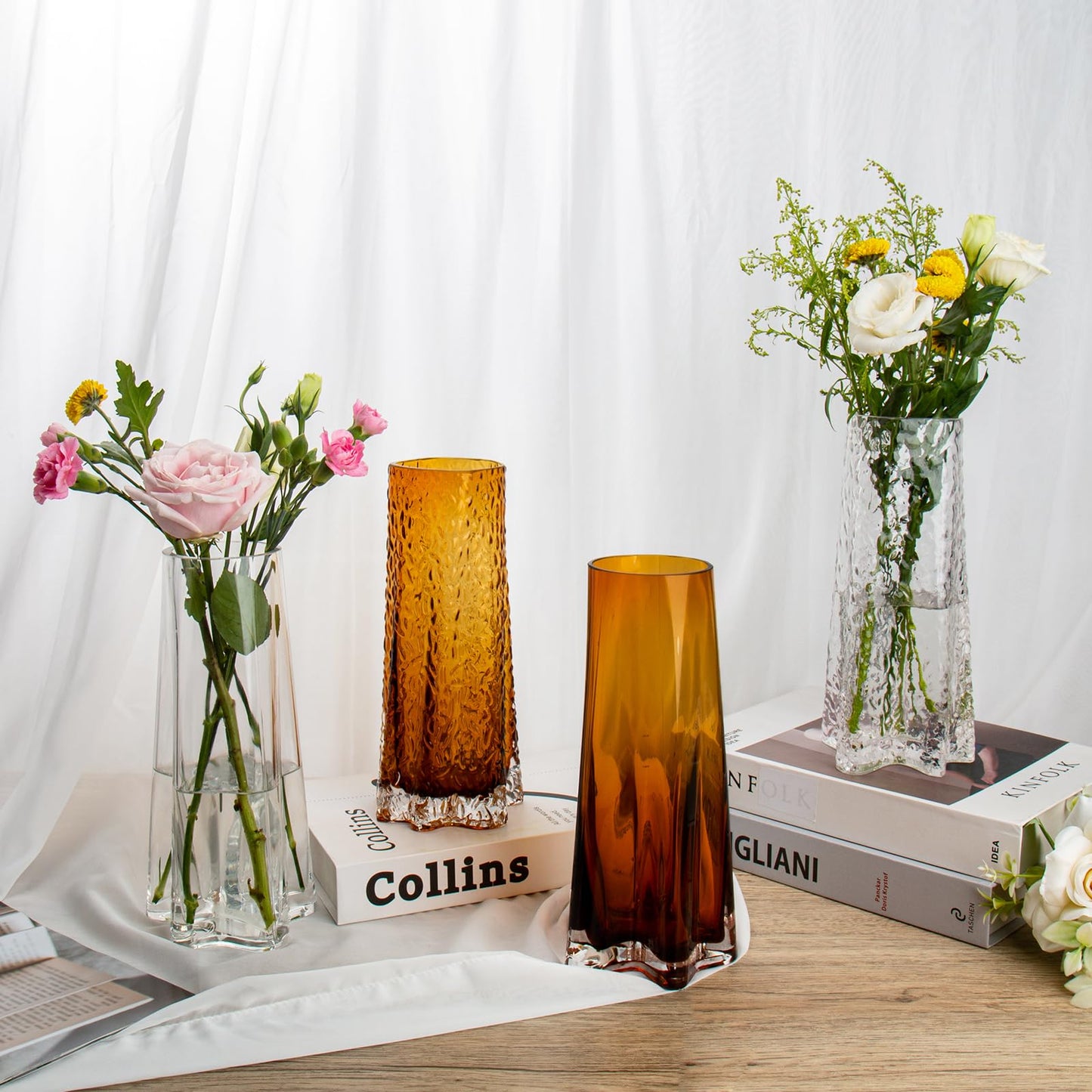 Thickened Amber Vase Star Shape Flower Vase 9" Tall Vases for Bouquet Glass Vases for Flowers Unique Vase for Home Décor Living Room Countertop Wedding Table Centerpieces