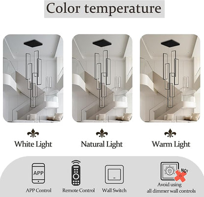 Flashing God Modern Chandelier,Black Chandelier with 6 Ring Led Foyer Chandeliers,Larger High Ceiling Chandelier for Living Room,Square Chandelier for Entryway Staircase LED Dimming 2700k-6000k