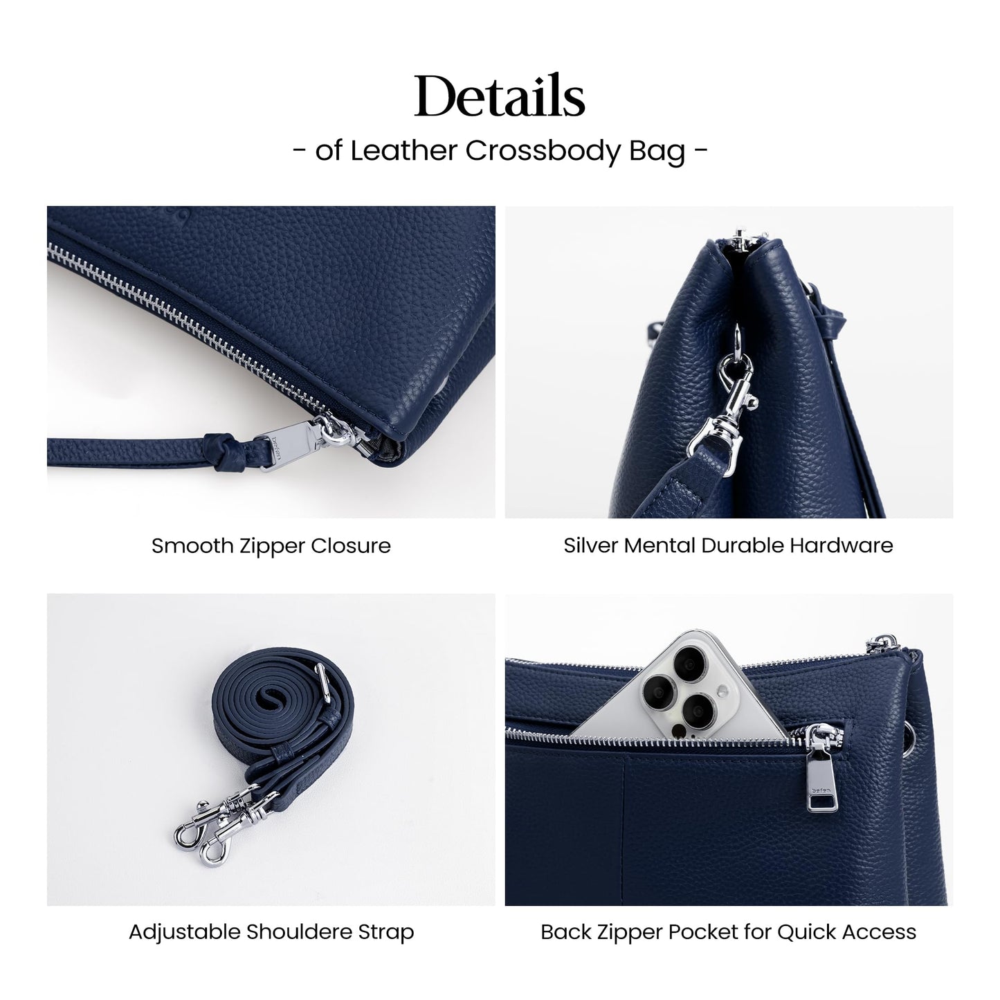 befen Genuine Leather Crossbody Bag for Women, Small Leather Crossbody Purse with RFID Card Slots and Adjustable Strap for Travel- Navy