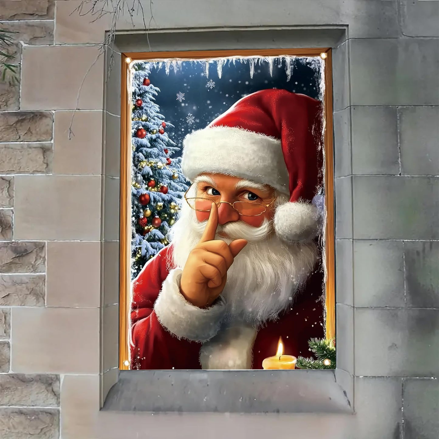 Saoplasa Christmas Window Cover Santa Claus Silent Night Decor Snowy Tree Candle Light Holiday Window Art Panel for Home Living Room Indoor Xmas Decoration 47x31 Inch Winter Wall Hanging Curtain