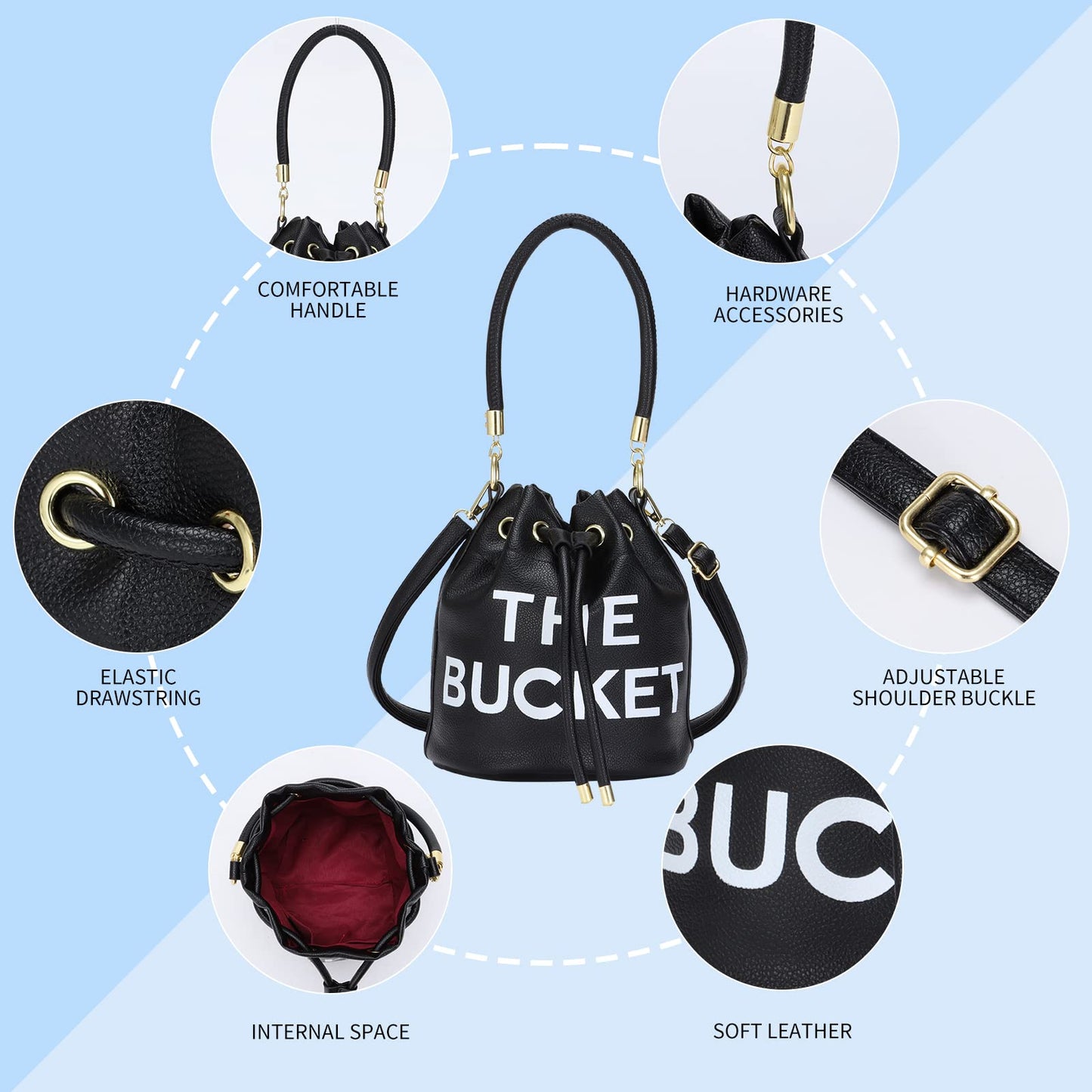 JQAliMOVV Mini Leather Bucket Bags for Women Drawstring Bucket Purse Crossbody Handbags Hobo Bag (Black)