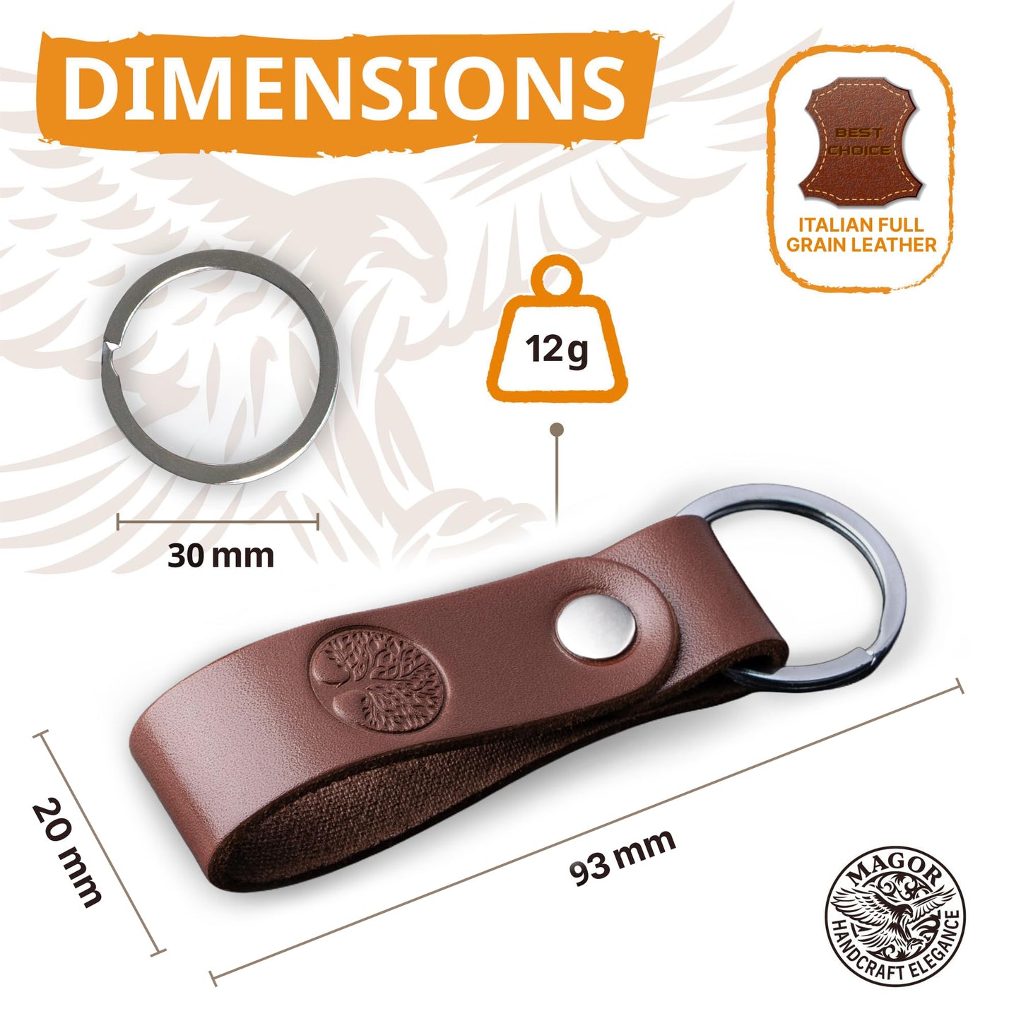 MAGOR Handmade Full Grain Leather Keychain Personalised Keychain for Men Women Car Key Ring Gift for Him Her Dad Mom Premium Brown Leather Keyring Hot Embossed Design (House)