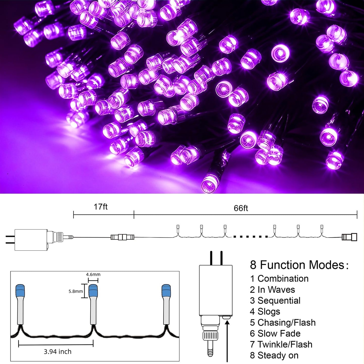 HOME LIGHTING 66ft Halloween Decorative Mini Lights, 200 LED Green Wire Fairy Starry String Lights Plug in, 8 Lighting Modes, for Indoor Outdoor Xmas Tree Wedding Party Decoration (Purple)