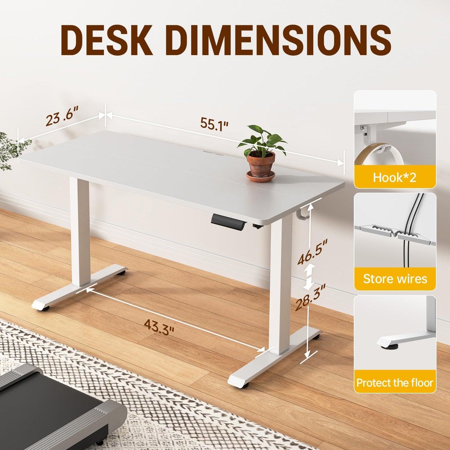 Veken 55 Inch Large Electric Standing Desk,Sit to Stand Up, Heights Adjustable, Work Home Office Computer Table for Study, Walking Pad, Writing, and Games, Wooden Desktop Desks, White