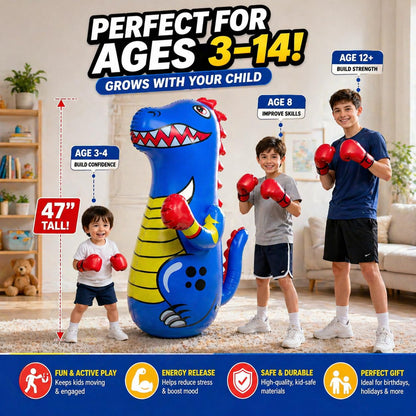 Inflatable Punching Bag for Kids - Blue, 47 Inch - Dinosaur Bop Bag Toy with Fast Bounce Back Action - Durable Punching Toy - Fill Base with Water or Sand for Stability - Ages 3-14
