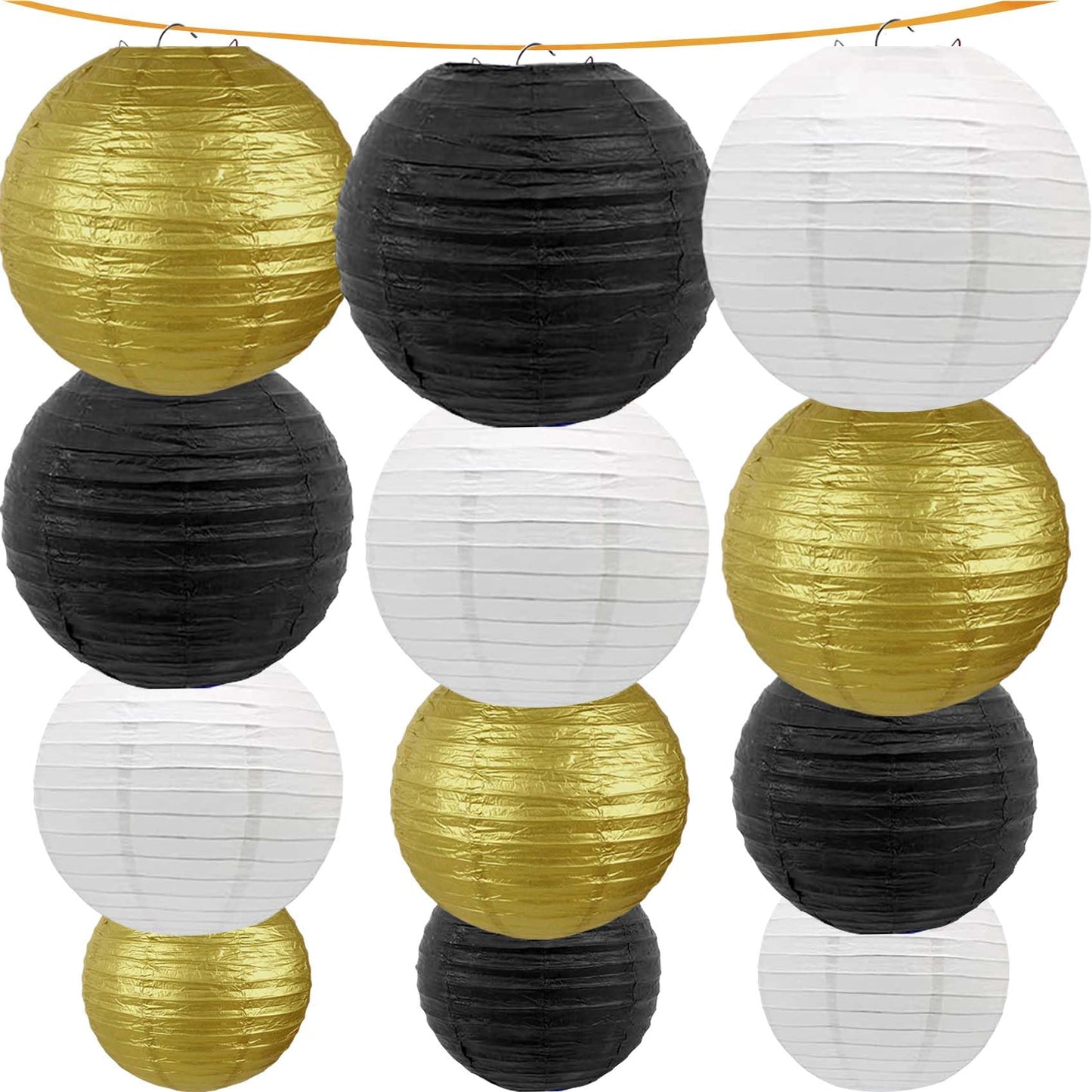 KUNYYI Black-Gold and White Paper Lanterns 12Pcs Hanging Lanterns for Birthday Party, Wedding, Home Decor, Baby Shower Festive Decoration