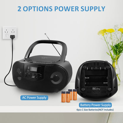Portable CD Player Boombox with FM Radio, Top Loading CD Stereo Boom Box for Home, Bluetooth, Remote Control, LED Light, Headphone/Mic Jack, Support CD-R/RW/MP3-CD, USB, LCD Display, Black