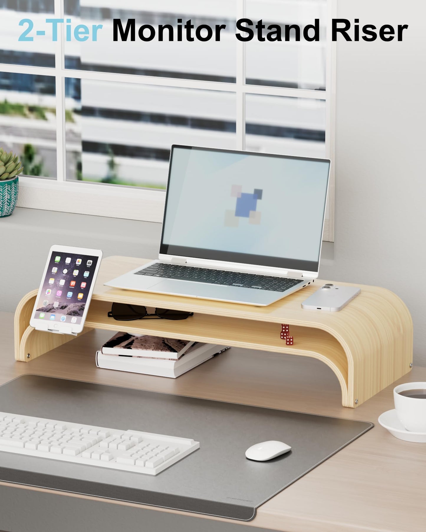 ERGO COLLECT Bent Wood Monitor Stand Riser, Solid Wood Dual Monitor Riser with Storage, 2-Tier Natural Wood Desk Shelf Organizer for Computer, Laptop & Printer, No Assembly, Max Load 110lbs