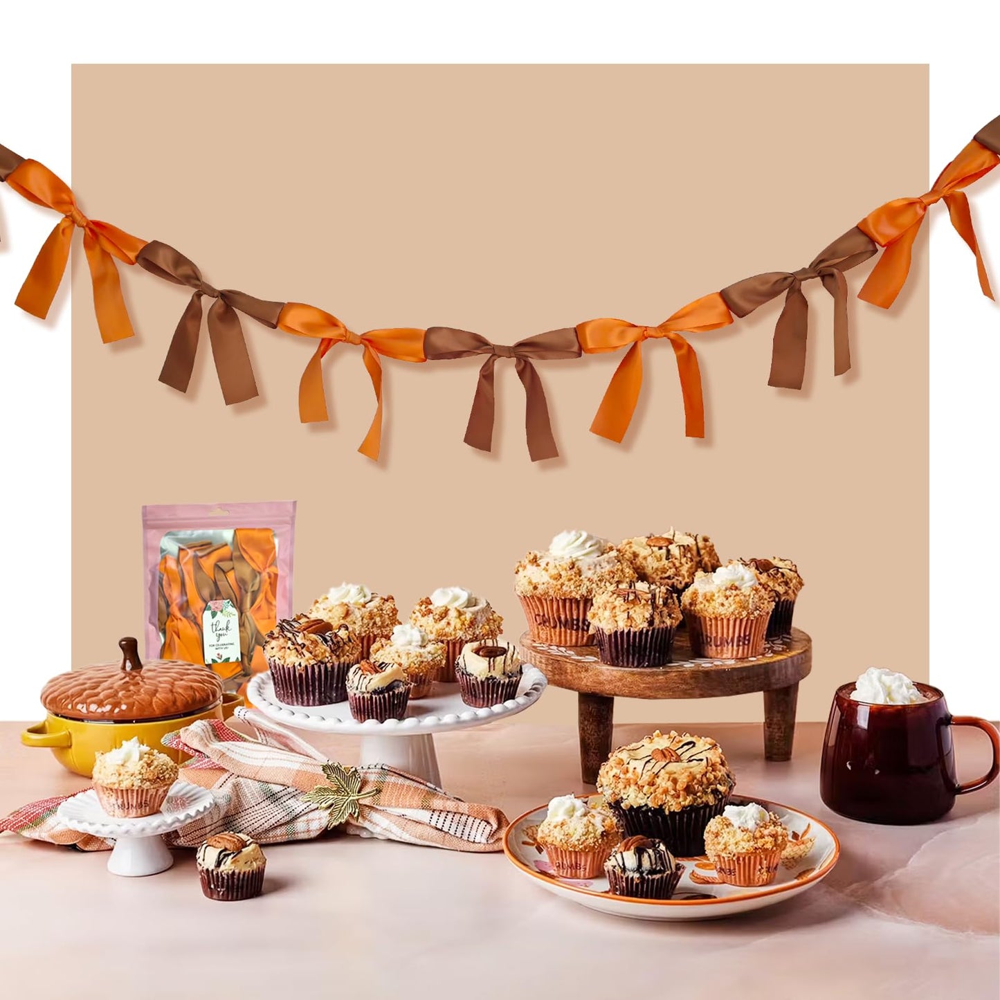Eanjia Fall Bow Knot Garland | 6ft Linking Satin Bow Banner with 3ft Extend Ribbon for Thanksgiving Party, Autumn Banners Signs, Brown Bed Decor (Orange & Brown, 6ft)