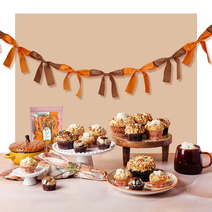 Eanjia Fall Bow Knot Garland | 6ft Linking Satin Bow Banner with 3ft Extend Ribbon for Thanksgiving Party, Autumn Banners Signs, Brown Bed Decor (Orange & Brown, 6ft)