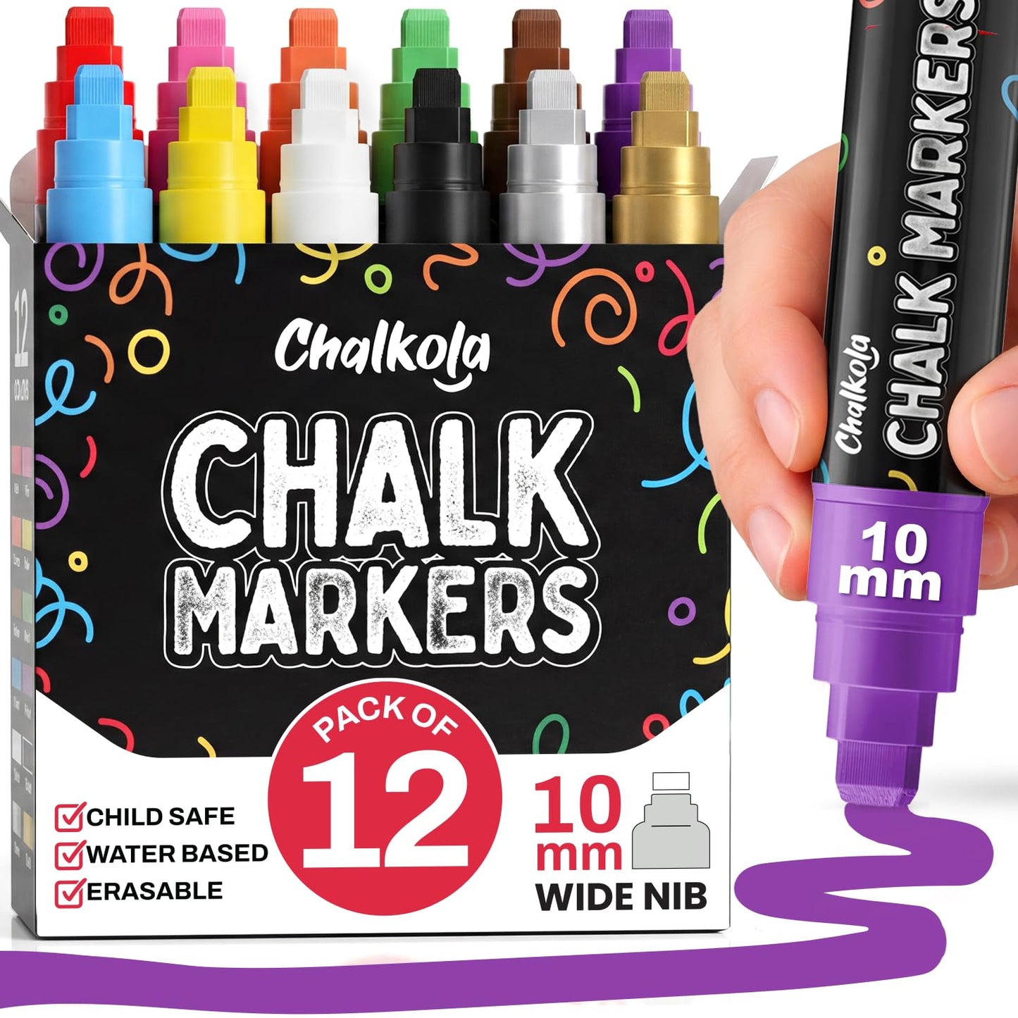 Chalkola Car Window Markers for Glass Washable - (10mm, 12 Pack w/Gold Silver) | Jumbo Liquid Chalk Markers for Blackboard, Chalkboard, Auto Mirror, Bistro Board — 3 in 1 Wide Nib Chalk Paint Pens