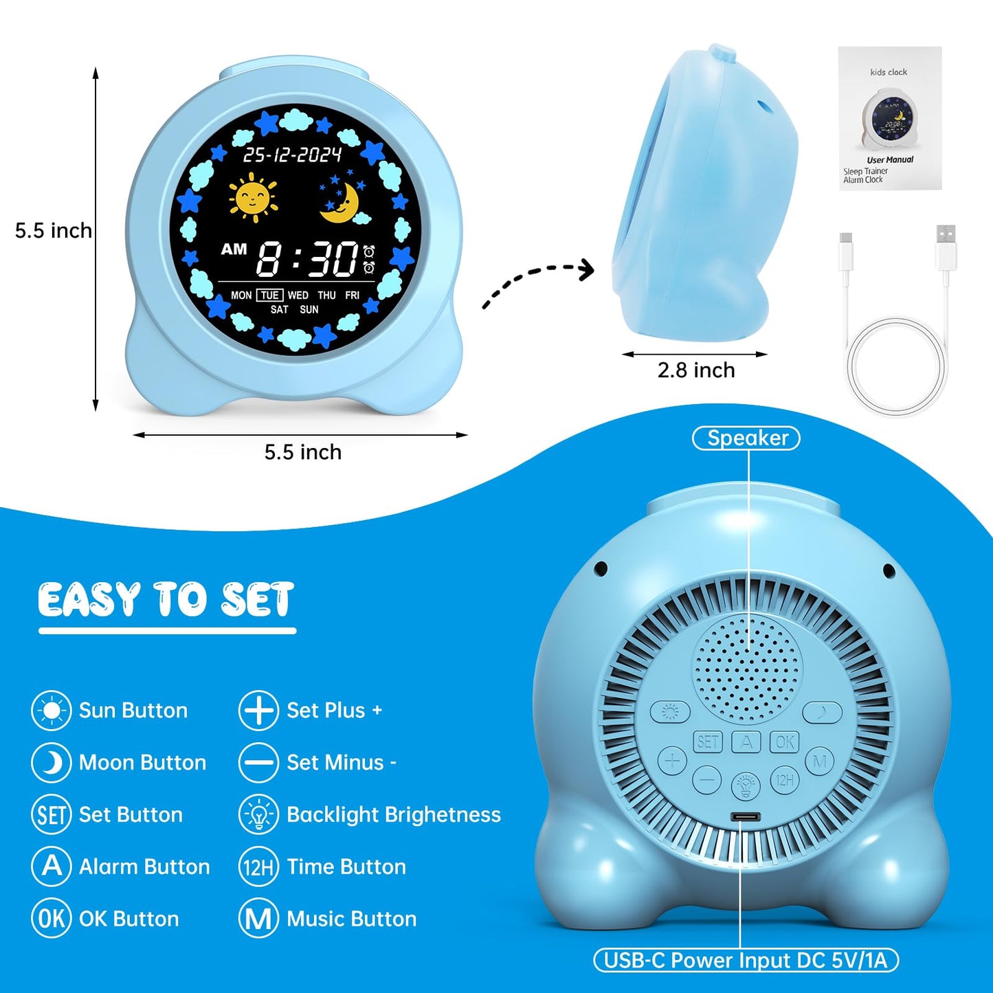 Kids Alarm Clock, Sun & Moon LED Display with Day & Date, Children's Sleep Trainer with Night Light & Sleep Sounds, Cute Wake Up Clock for Kids Bedroom, Easy to Use Birthday Gift for Boy and Girls